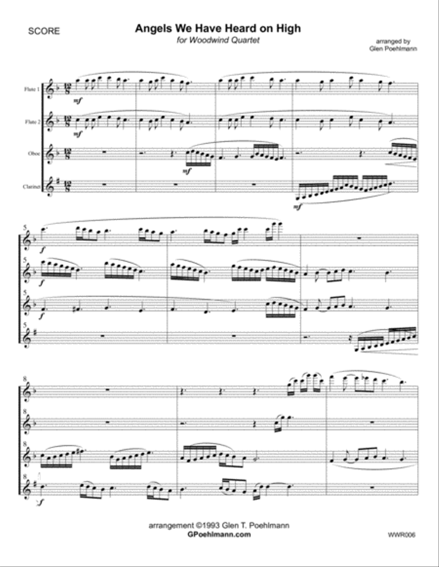 ANGELS WE HAVE HEARD ON HIGH - WOODWIND QUARTET (2 Flutes, Oboe & Clarinet) Woodwind Quartet scores gallery preview page 1