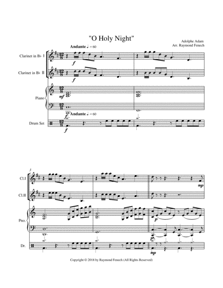 O Holy Night - 2 B Flat Clarinets, Piano and Optional Drum Set - Intermediate Level image number null