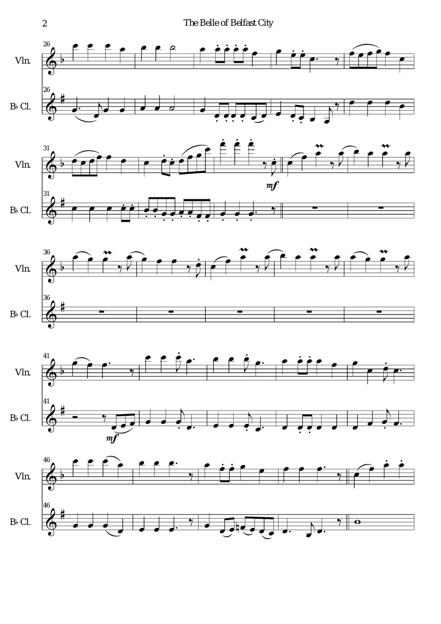 Belle of Belfast City (I'll tell my ma) for violin and clarinet Clarinet scores gallery preview page 2