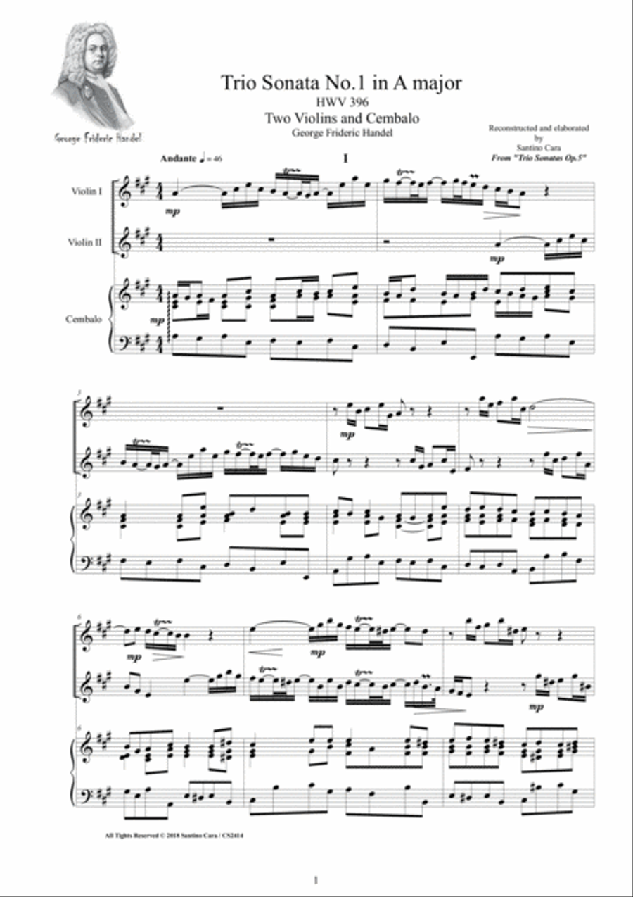Handel - Trio Sonata No.1 in A major HWV 396 Op.5 for Two Violins and Cembalo Violin scores gallery preview page 1