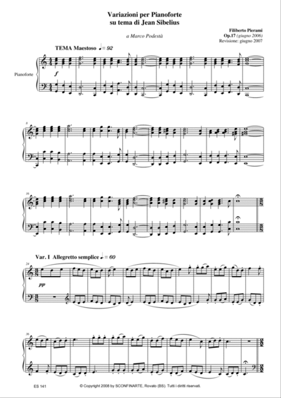Filiberto PIERAMI: VARIAZIONI PER PIANOFORTE SU TEMA DI JEAN SIBELIUS (op.17) (ES 141) Piano Solo scores gallery preview page 3