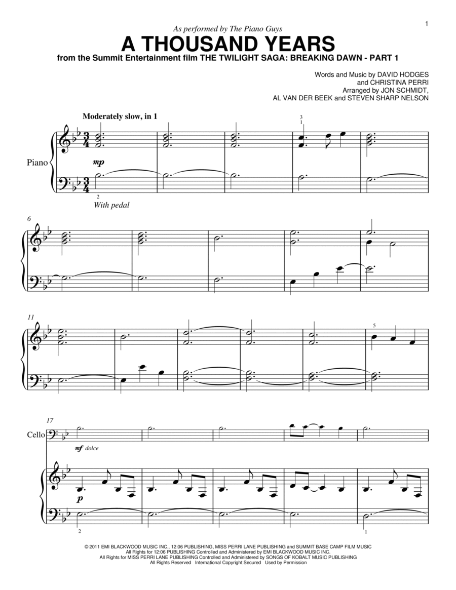 A Thousand Years Cello scores gallery preview page 1