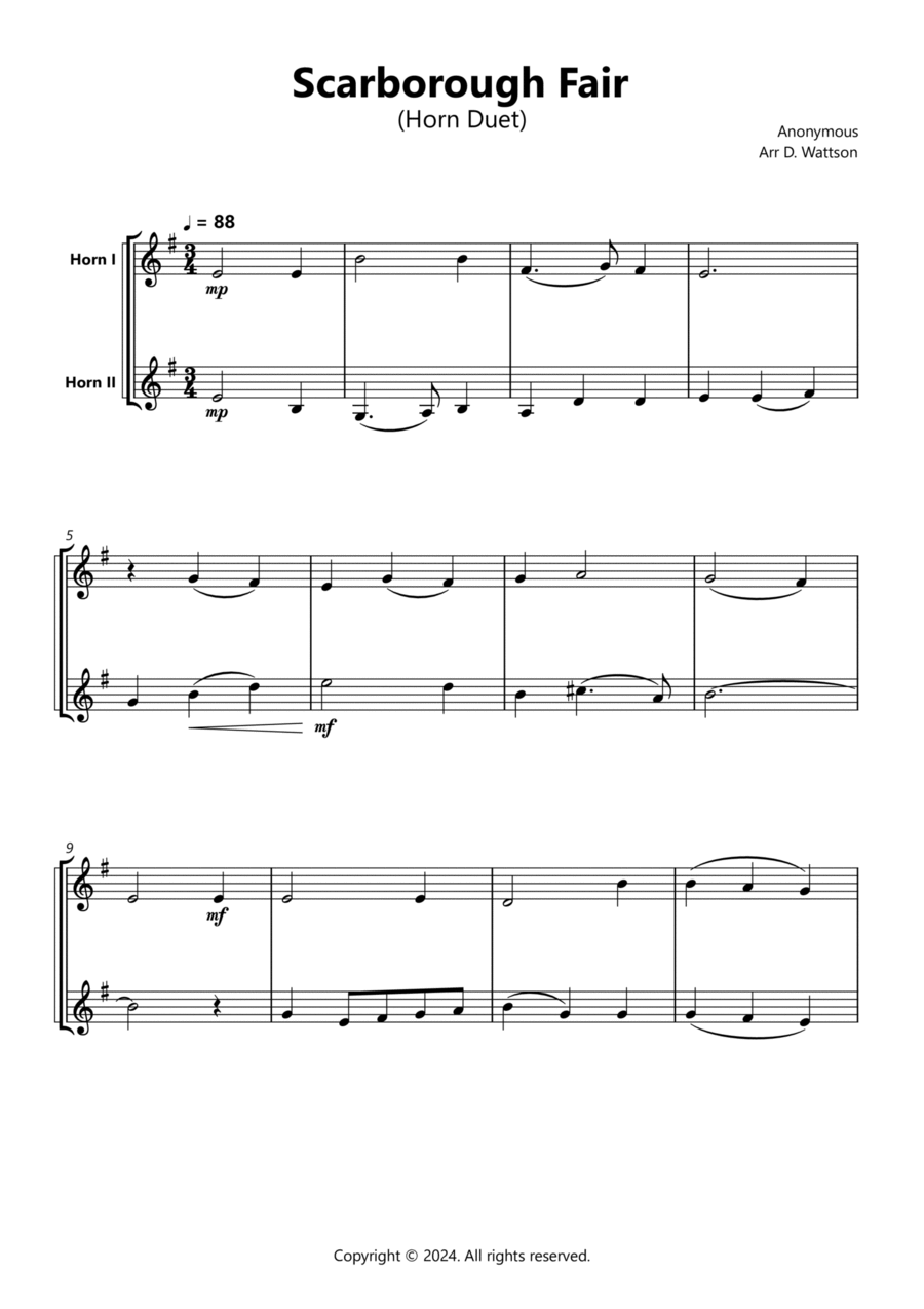 Scarborough Fair for Horn duet Brass Duet scores gallery preview page 1
