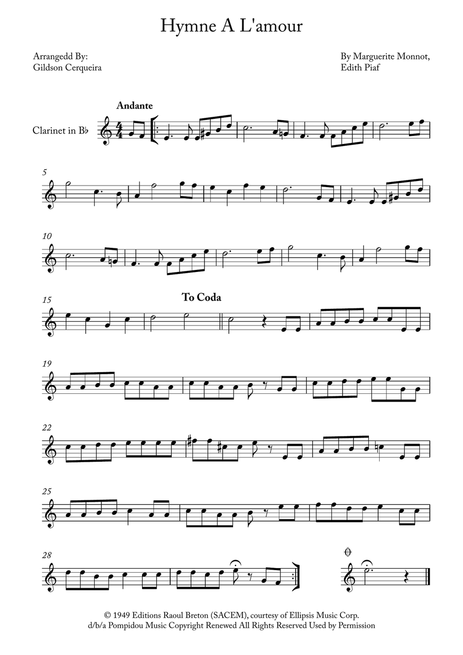 Hymne A L'amour B-Flat Clarinet scores gallery preview page 1