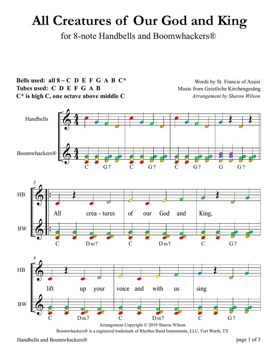 All Creatures of Our God and King (for 8-note Bells and Boomwhackers® with Color Coded Notes) Handbell Choir scores gallery preview page 5