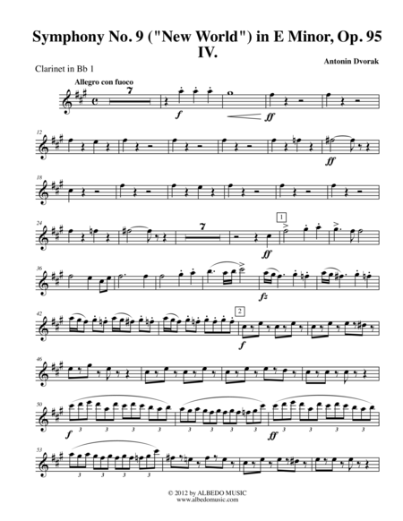 Dvorak Symphony No. 9, New World, Movement IV - Clarinet in Bb 1 (Transposed Part), Op.95