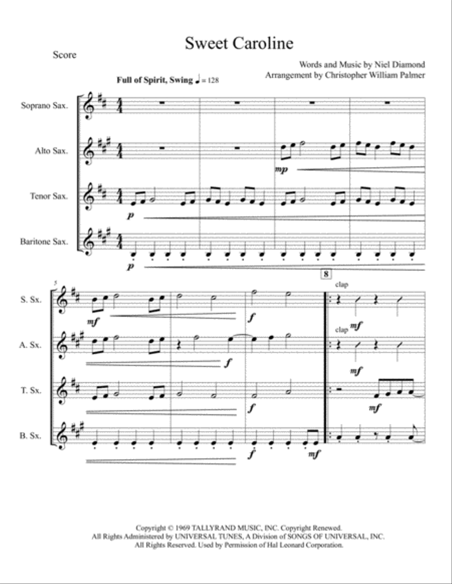 Sweet Caroline Woodwind Quartet scores gallery preview page 2