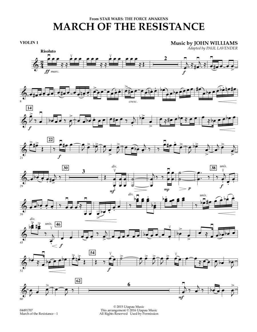 March of the Resistance (from Star Wars: The Force Awakens) - Violin 1 Violin scores gallery preview page 1