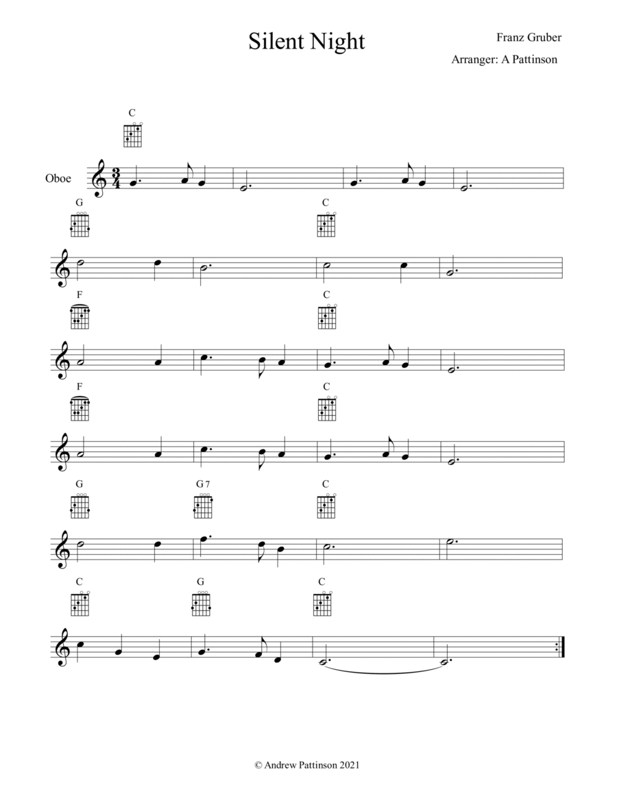 Silent Night for Easy Oboe with Guitar Chords Easy Guitar scores gallery preview page 1