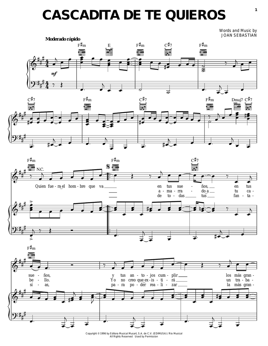 Cascadita De Te Quieros Piano, Vocal, Guitar scores gallery preview page 1