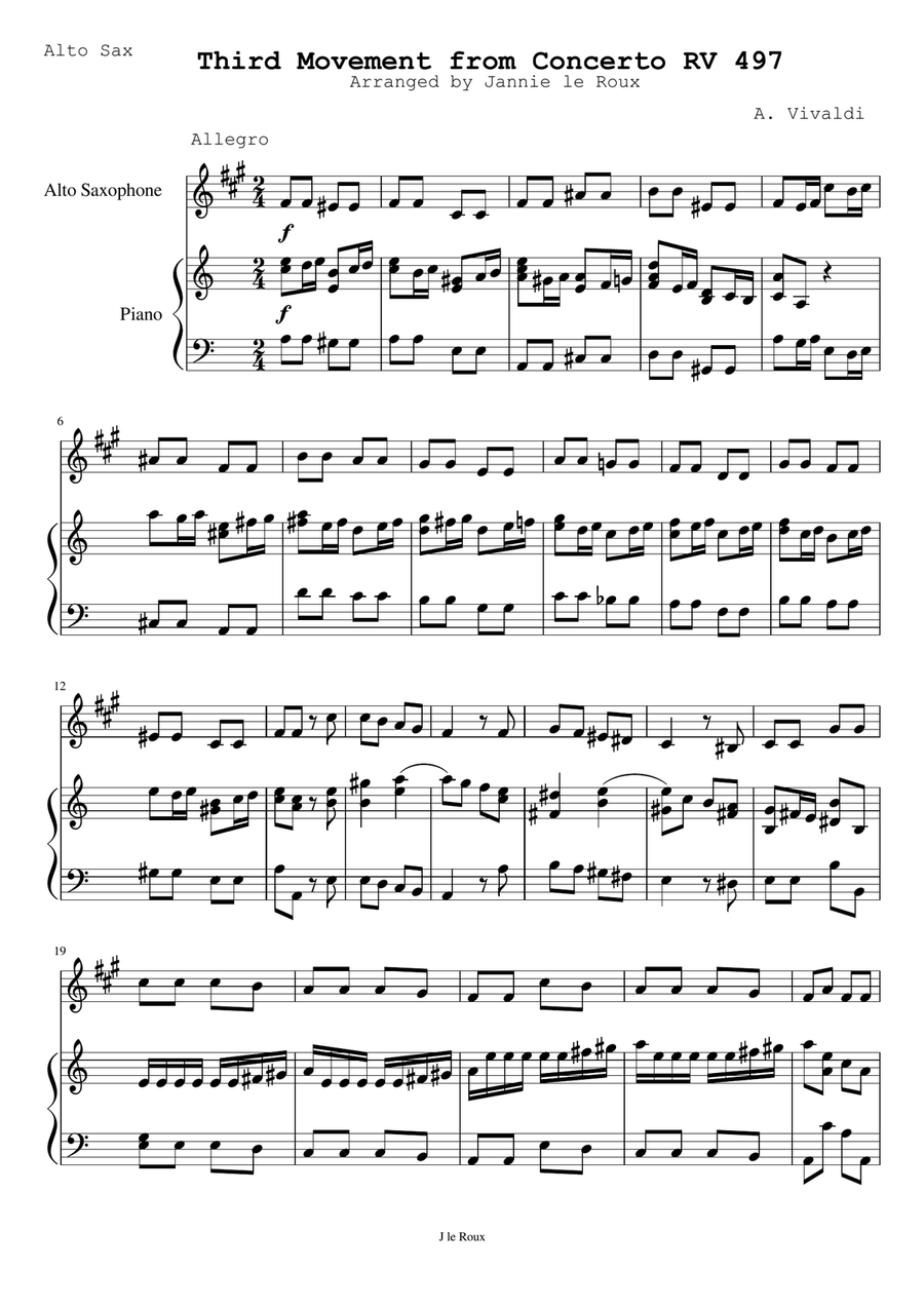 Third movement from Concerto RV 497. Arranged for Alto saxophone