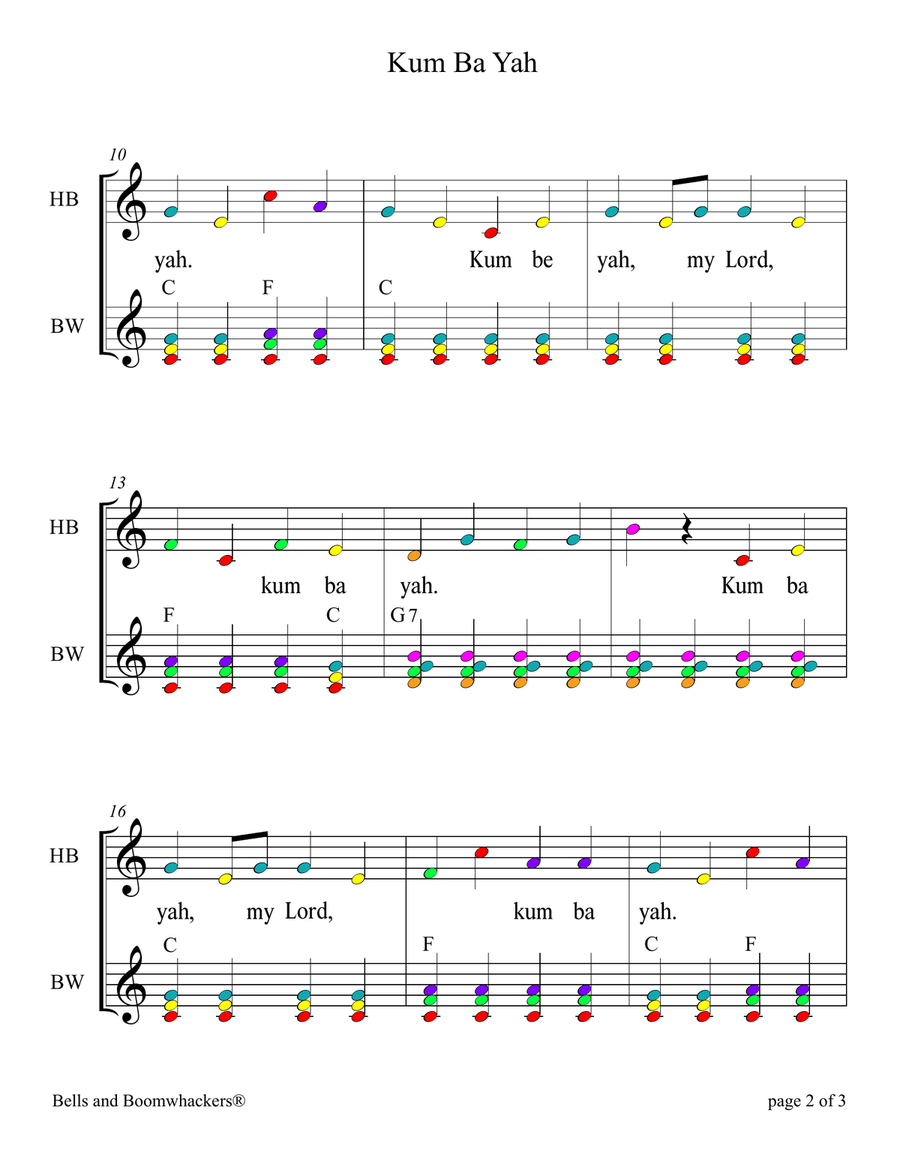 Kum Ba Yah (for 8-note Bells and Boomwhackers with Color Coded Notes) Small Ensemble scores gallery preview page 5
