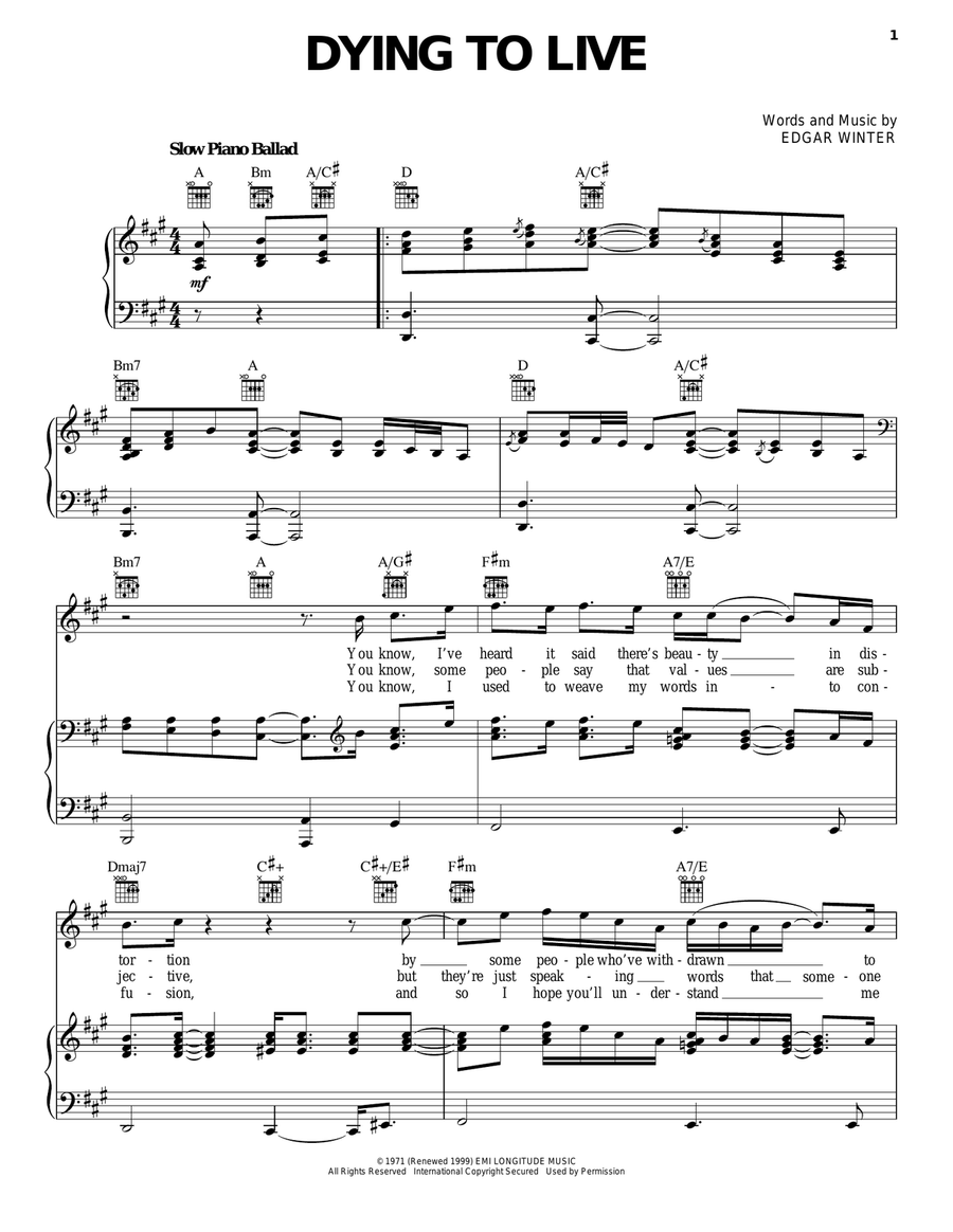 Dying To Live Piano, Vocal, Guitar scores gallery preview page 1