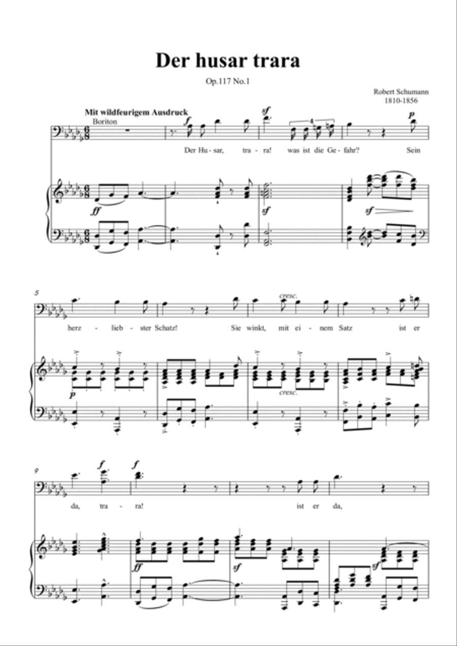 Schumann-Der husar trara Op.117 No.1 in D♭ Major for Voice and Piano Voice Solo scores gallery preview page 2