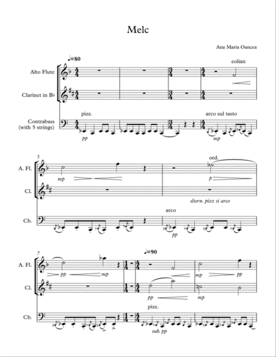 Snail (Melc) - trio for alto flute, clarinet in Bb and five-stringed contrabass Small Ensemble scores gallery preview page 1