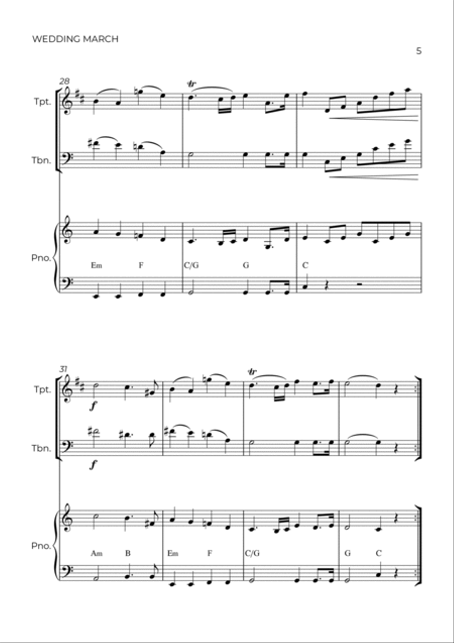 WEDDING MARCH - MENDELSSOHN - BRASS PIANO TRIO (TRUMPET, TROMBONE & PIANO) Brass Duet scores gallery preview page 5