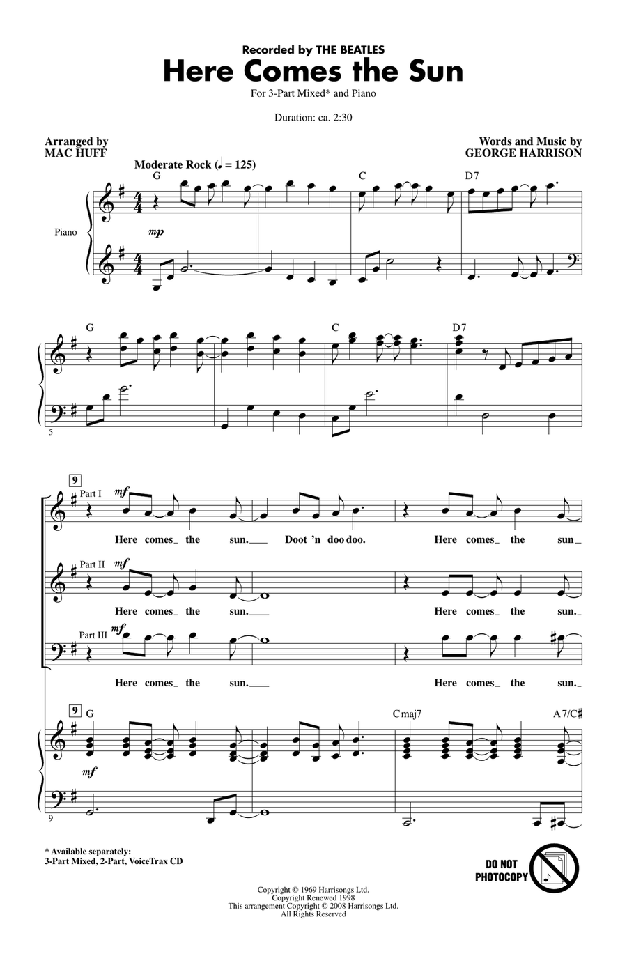 Here Comes The Sun (arr. Mac Huff) 3-Part scores gallery preview page 1
