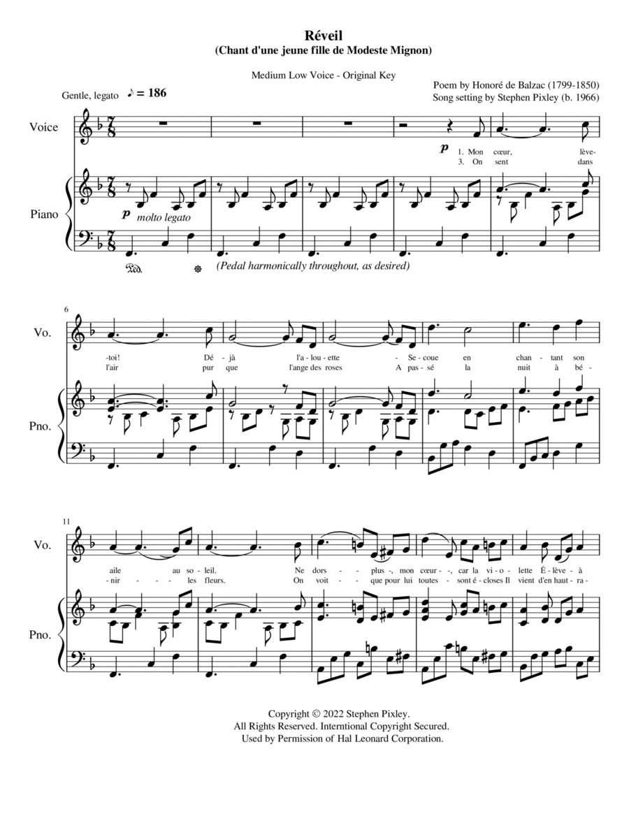 Réveil (Chant d'une jeune fille de Modeste Mignon) - Medium Low Voice - Original Key Low Voice scores gallery preview page 1