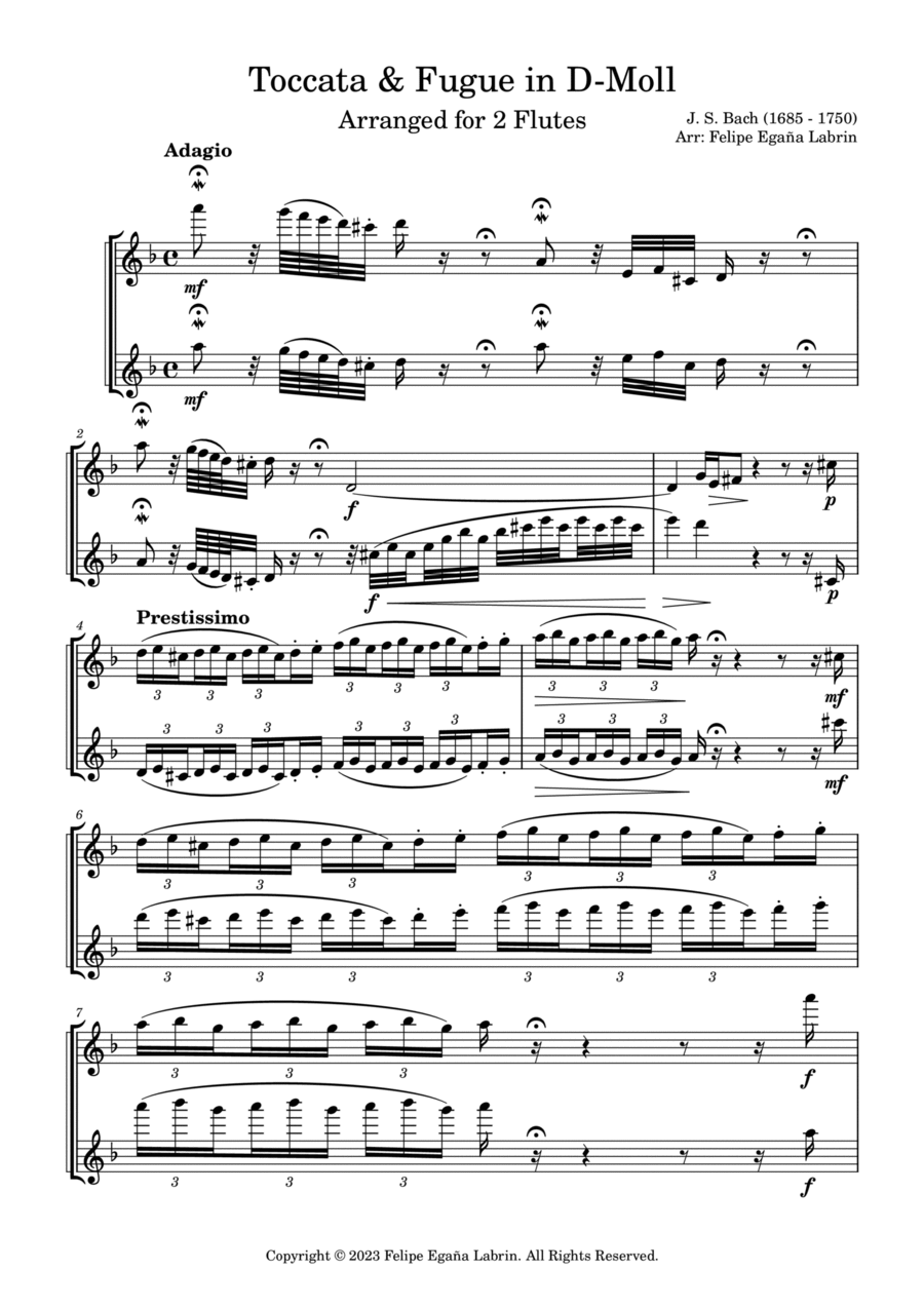 Toccata and Fugue in d minor BWV 565 Flute Duet scores gallery preview page 1