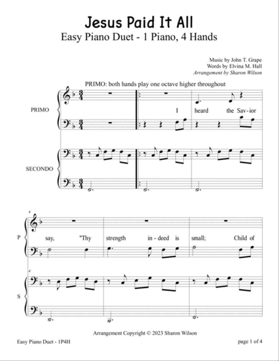 Jesus Paid It All (Easy 1 Piano, 4 Hands Duet) Easy Piano scores gallery preview page 5