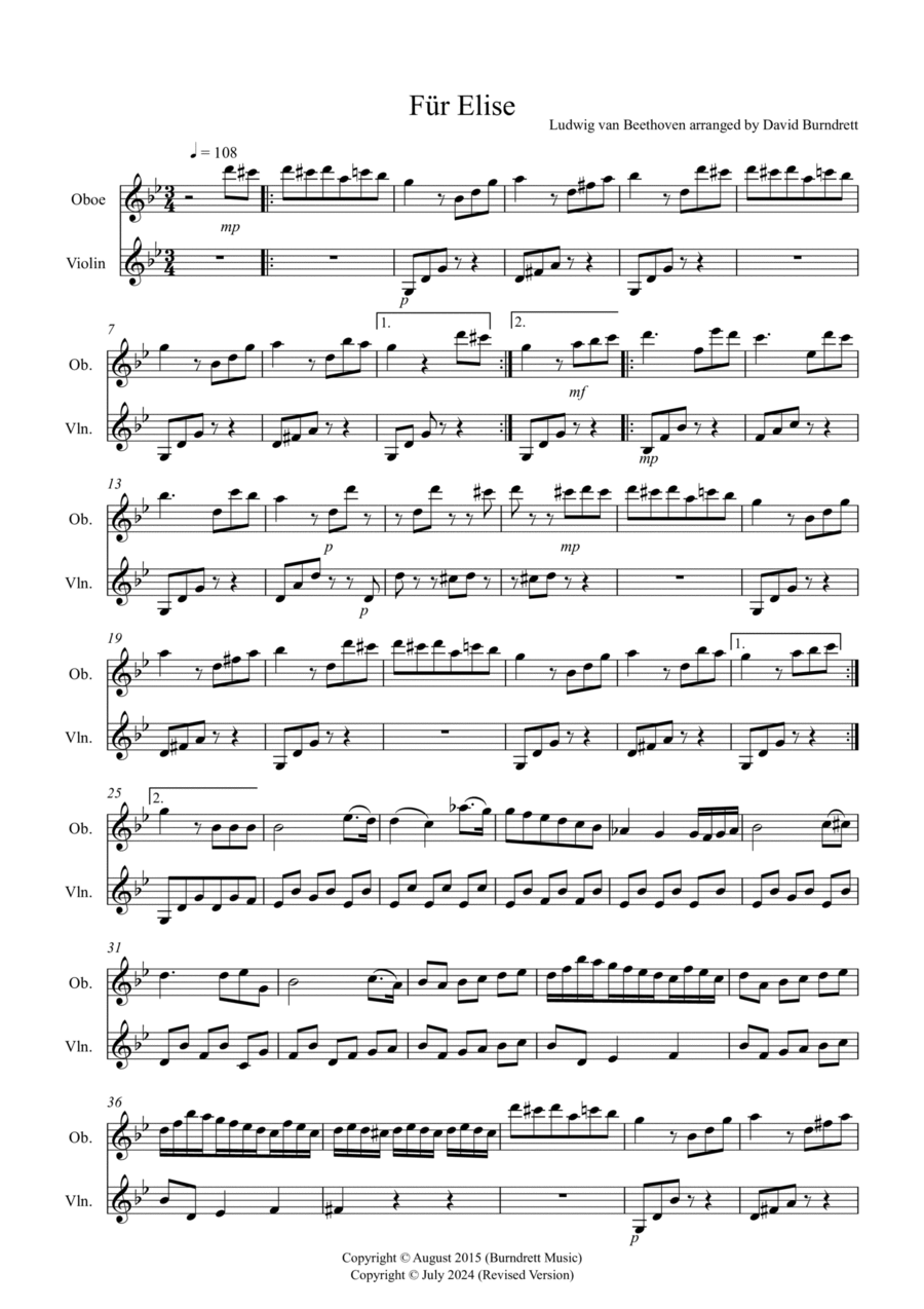 Fur Elise for Oboe and Violin Duet Oboe scores gallery preview page 1