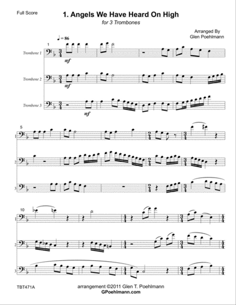 7 CHRISTMAS CAROLS for TROMBONE TRIO (unaccompanied) Trombone Trio scores gallery preview page 1