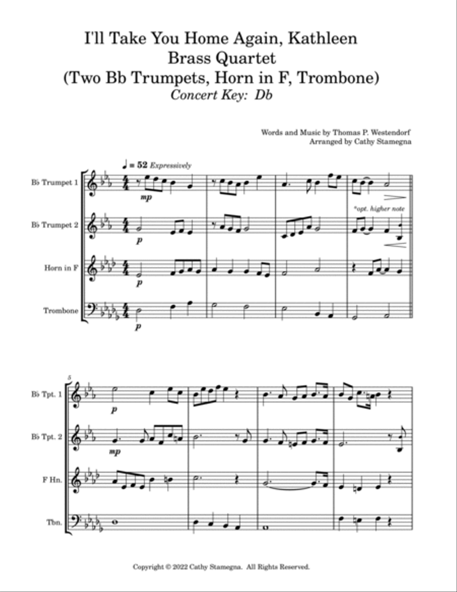 I’ll Take You Home Again, Kathleen (Brass Quartet: Two Bb Trumpets, Horn in F, Trombone) Brass Quartet scores gallery preview page 2