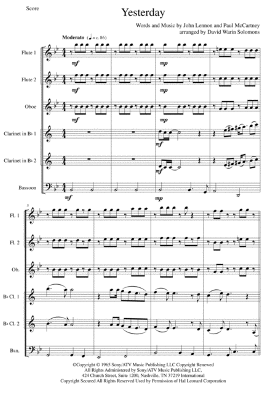 Yesterday Woodwind Quartet scores gallery preview page 1