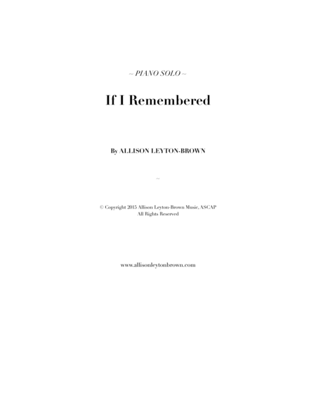 If I Remembered - Evocative Piano Solo - by Allison Leyton-Brown image number null