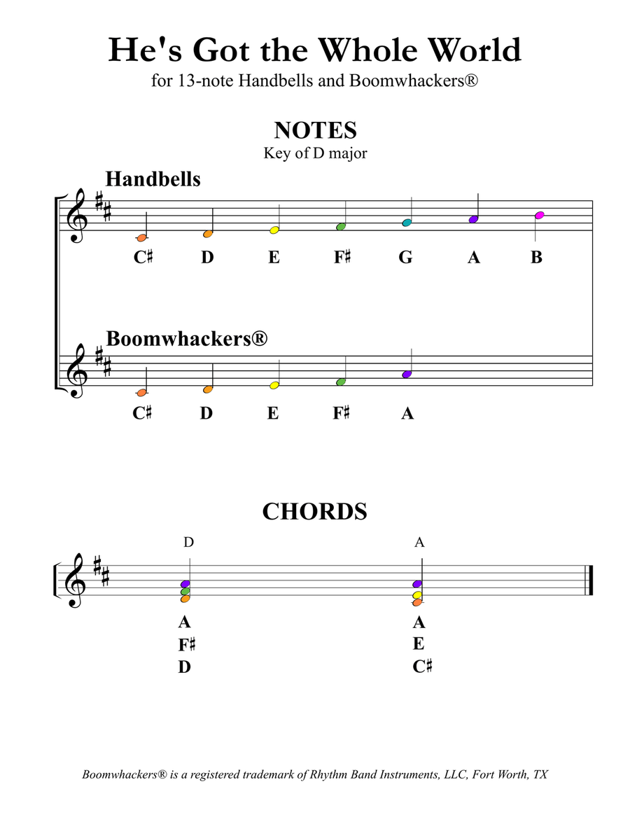 He's Got the Whole World In His Hands (for 13-note Bells and Boomwhackers with Color Coded Notes) Handbell Choir scores gallery preview page 3