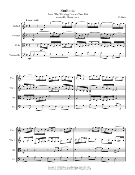 SINFONIA from "THE WEDDING CANTATA", NO. 196, Bach, String Quartet, Intermediate Level for 2 violin image number null