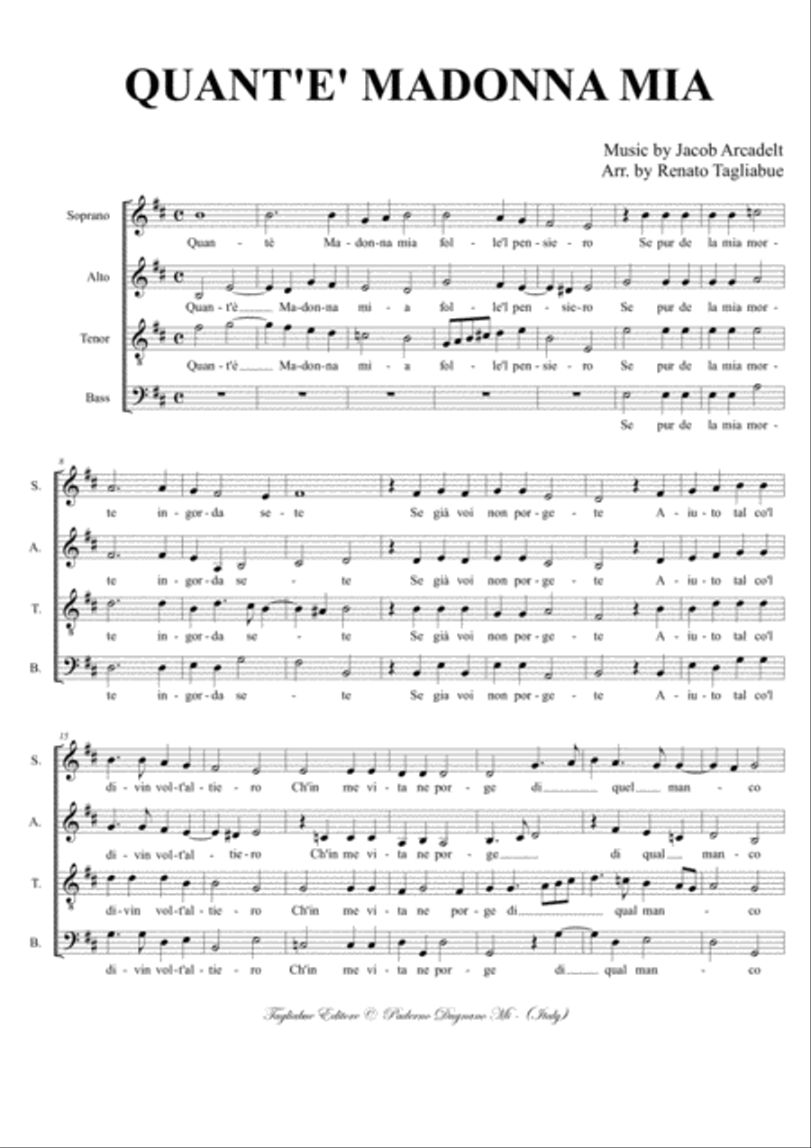 QUANT'E' MADONNA MIA - Arcadelt - For SATB Choir image number null