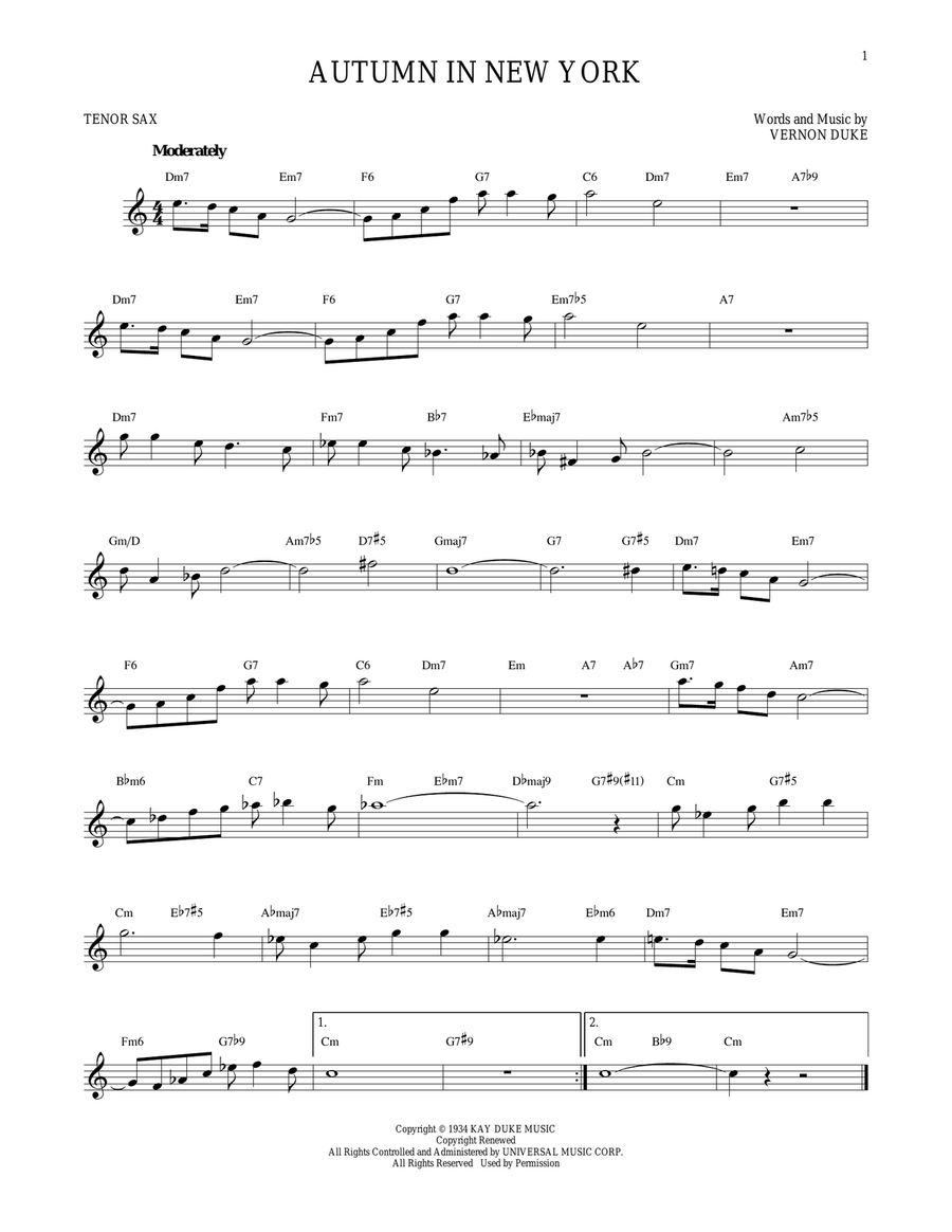 Autumn In New York Autumn In New York Tenor Saxophone scores gallery preview page 1