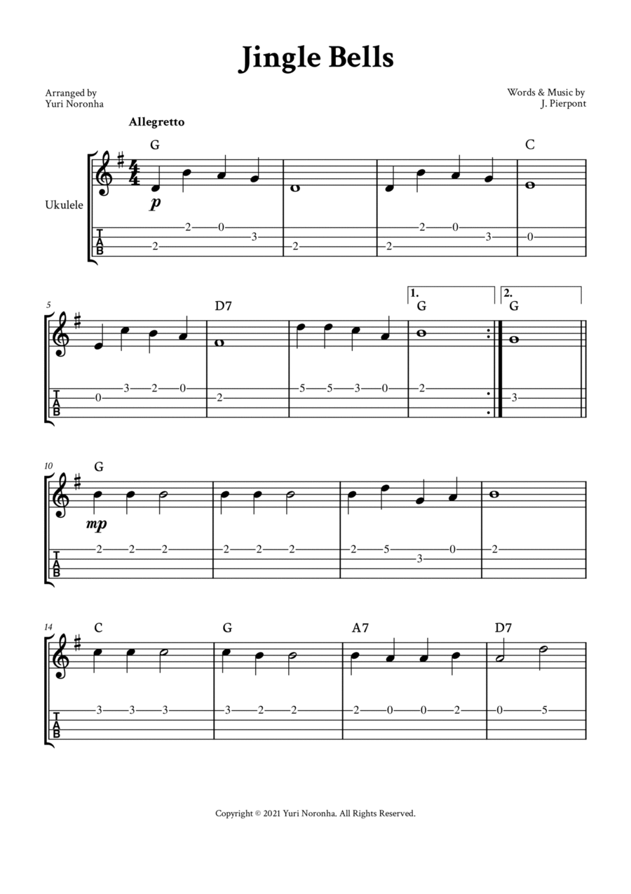 Jingle Bells - Ukulele (G Major with TABs) Ukulele scores gallery preview page 1