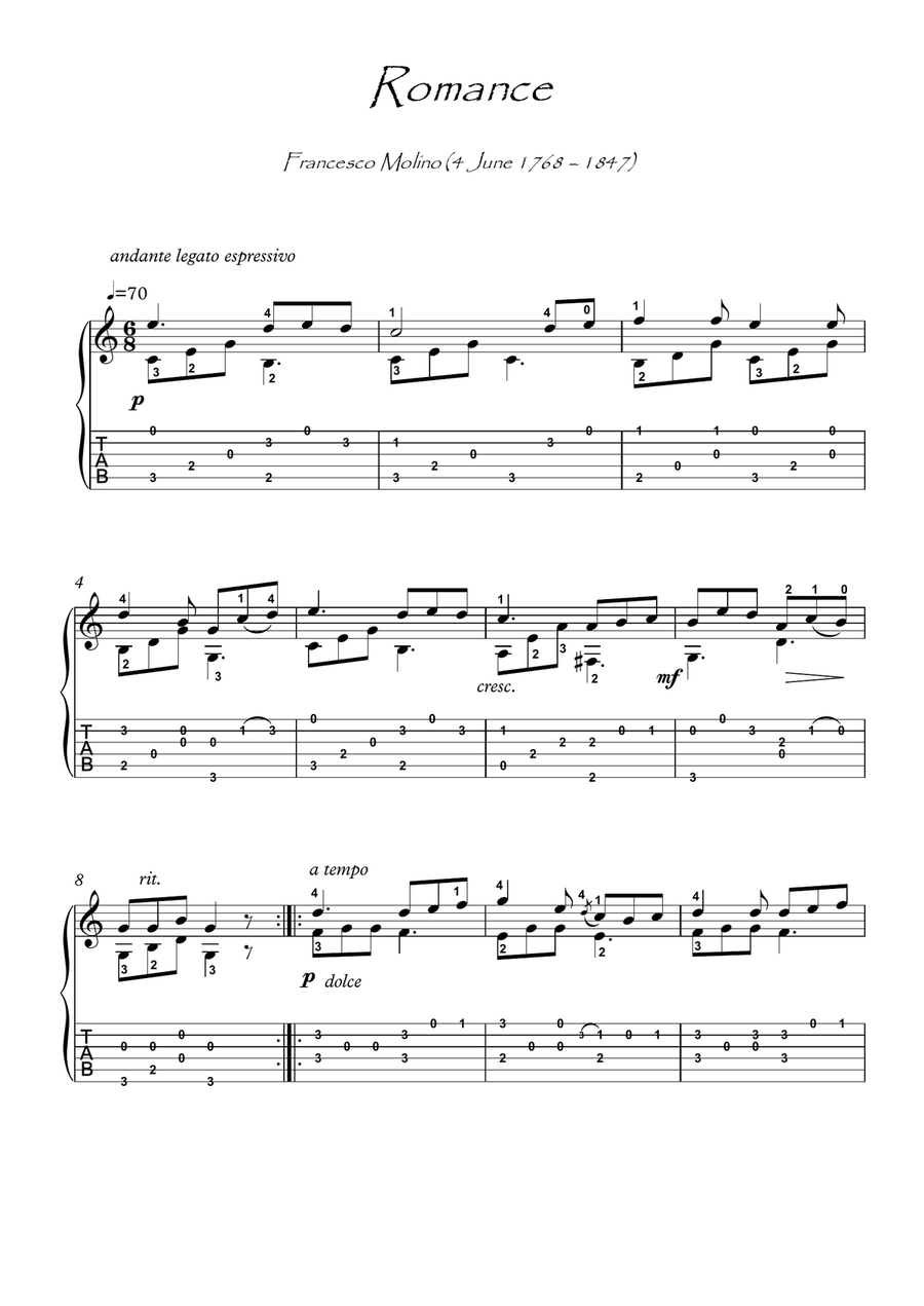 Romance by Molino guitar solo Acoustic Guitar scores gallery preview page 1