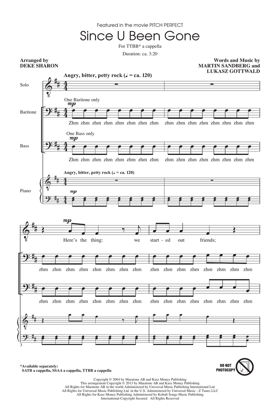 Since U Been Gone (as performed in Pitch Perfect) (arr. Deke Sharon) TTBB scores gallery preview page 1