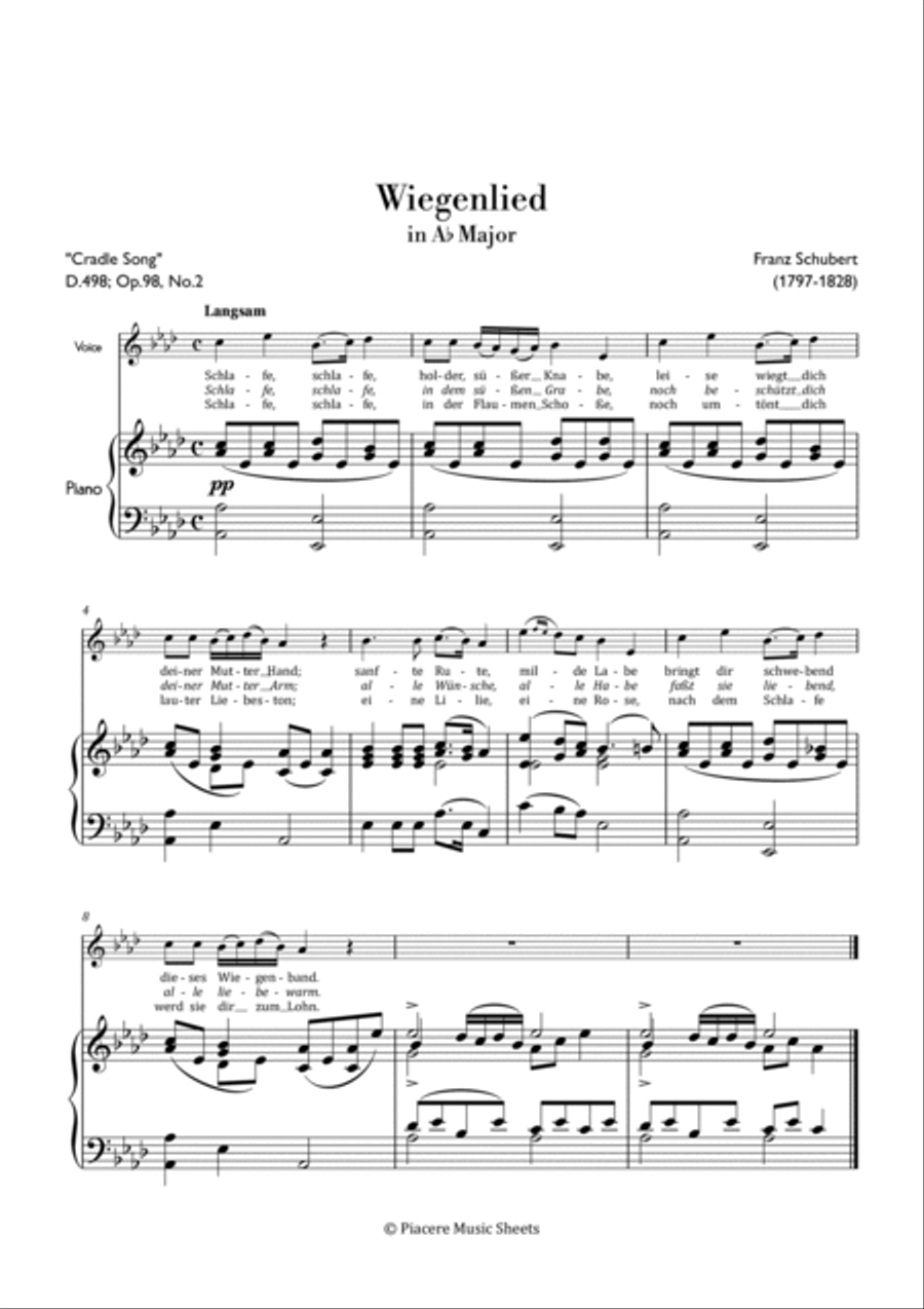 Schubert - Wiegenlied (Cradle Song) in A flat Major for High Voice & piano - Intermediate High Voice scores gallery preview page 2