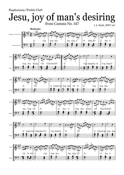JESU, JOY OF MAN'S DESIRING by Bach - easy version for Euphonium (Treble Clef) and piano with chords image number null