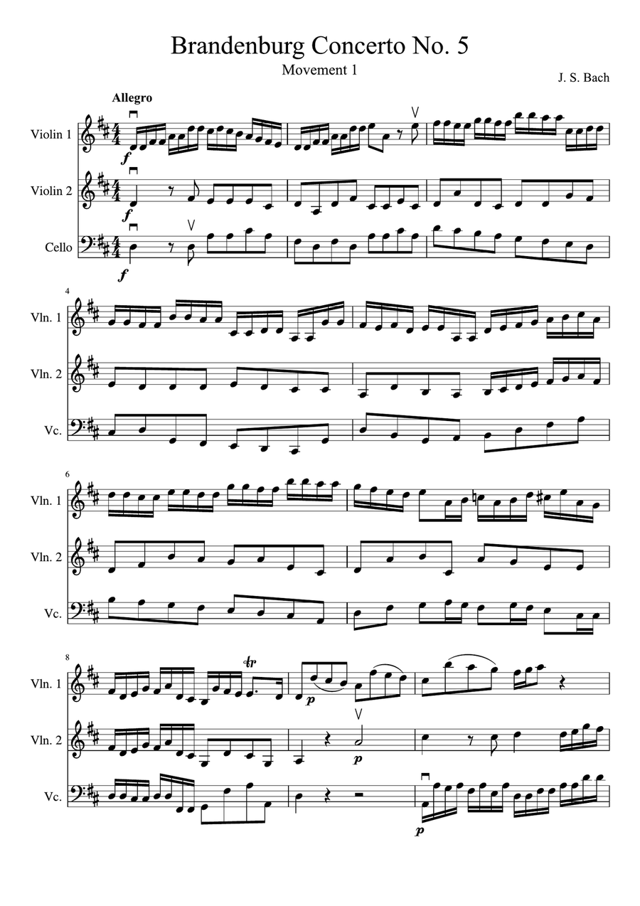 Brandenburg Concerto No. 5 (two violins and cello) String Trio scores gallery preview page 2