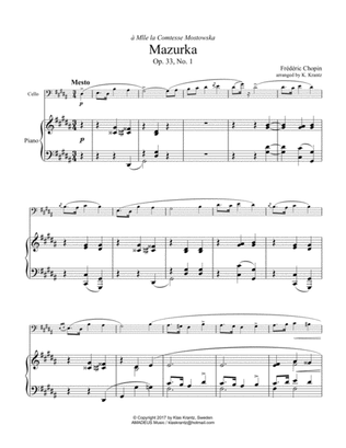 Mazurka, Mesto Op. 33, No 1 for cello and piano