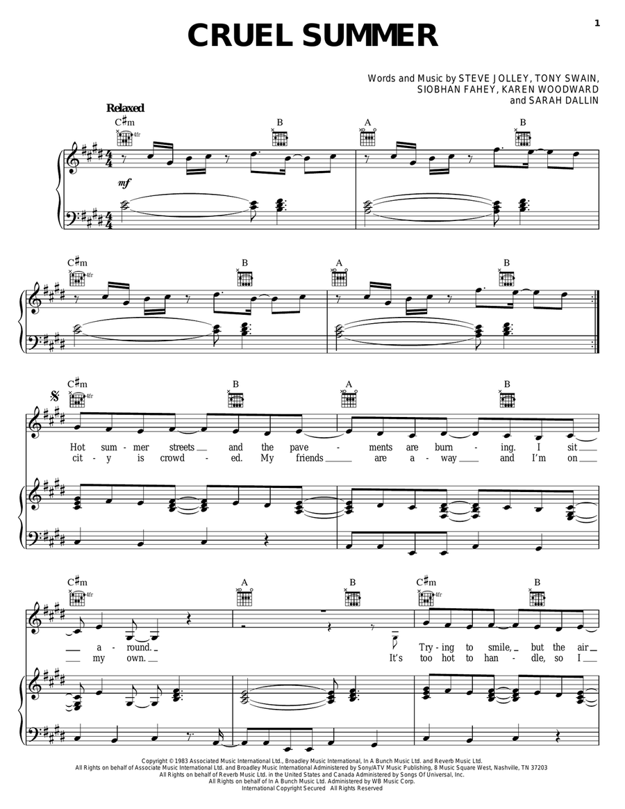 Cruel Summer Piano, Vocal, Guitar scores gallery preview page 1