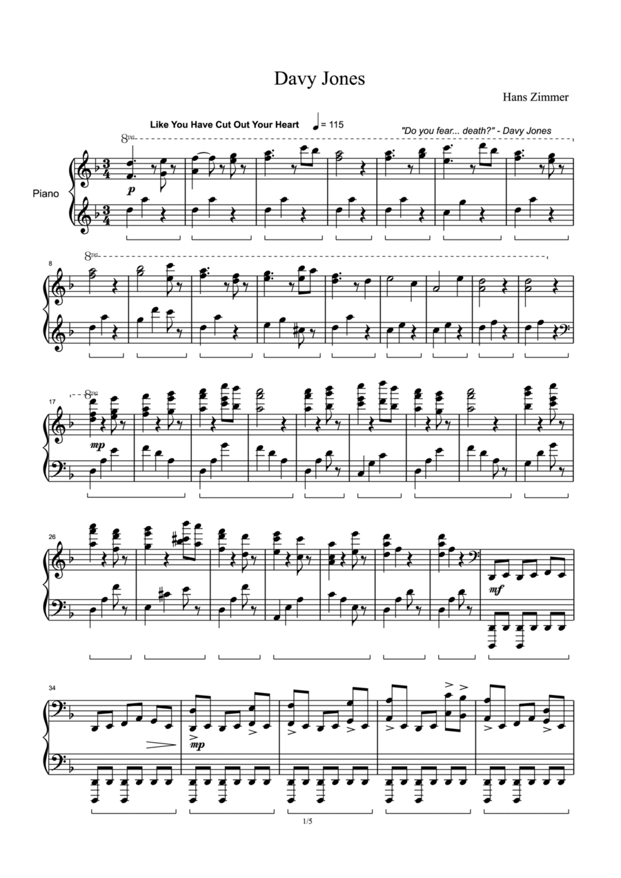 Davy Jones by Hans Zimmer Piano Solo Digital Sheet Music Sheet