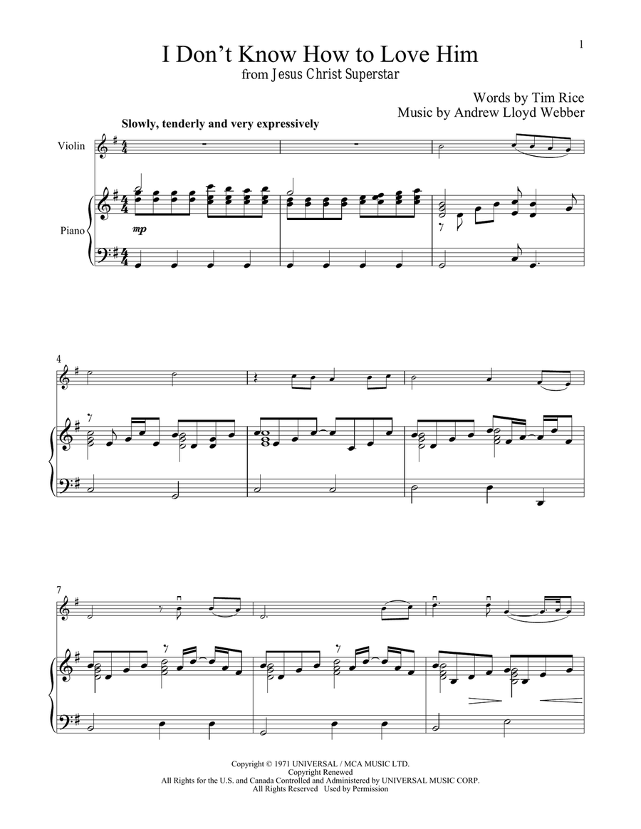 I Don't Know How To Love Him (from Jesus Christ Superstar) Violin Solo scores gallery preview page 1