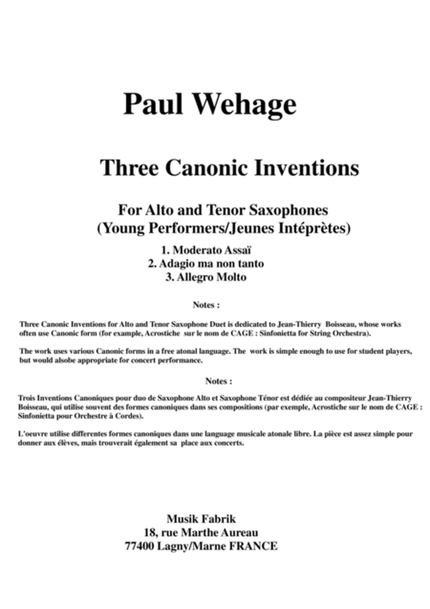 Paul Wehage : Three Canonic Inventions for alto and tenor saxophones