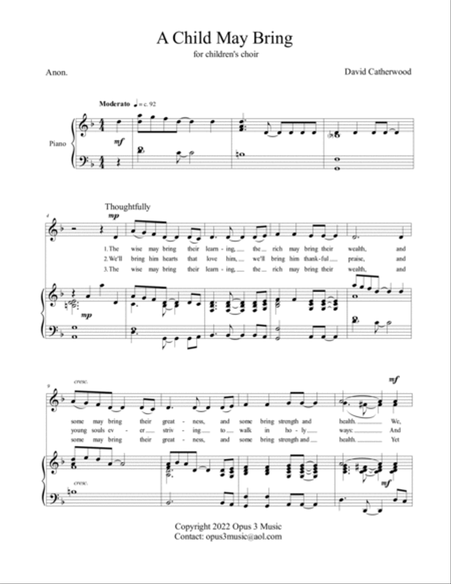 A Child may Bring - A song for Children's voices (unison or 2 part) by David Catherwood Unison Choir scores gallery preview page 2