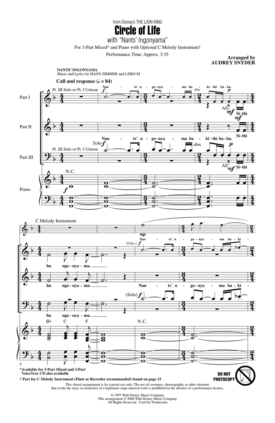 Circle Of Life (with Nants' Ingonyama) (from The Lion King) (Arr. Audrey Snyder) 3-Part scores gallery preview page 1