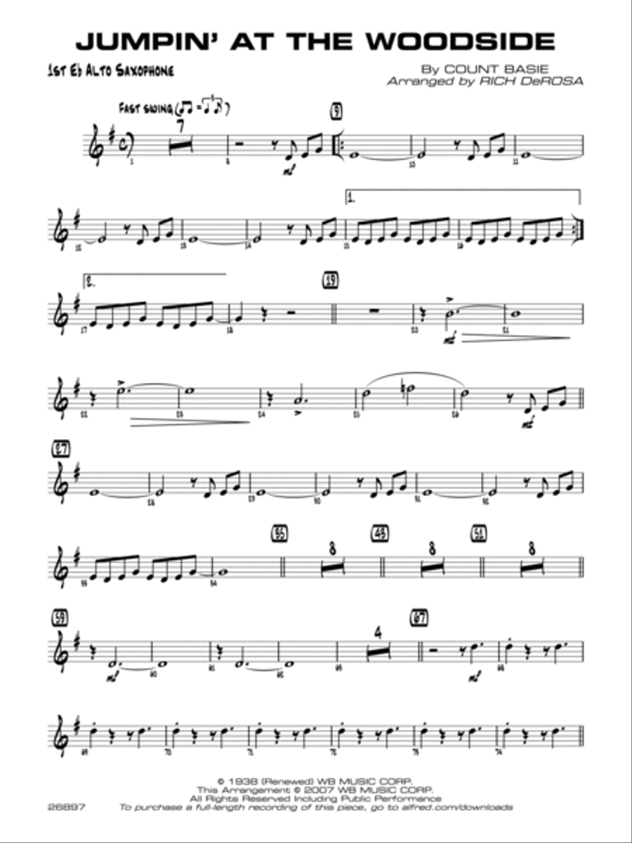 Jumpin' at the Woodside: E-flat Alto Saxophone Jazz Ensemble scores gallery preview page 1