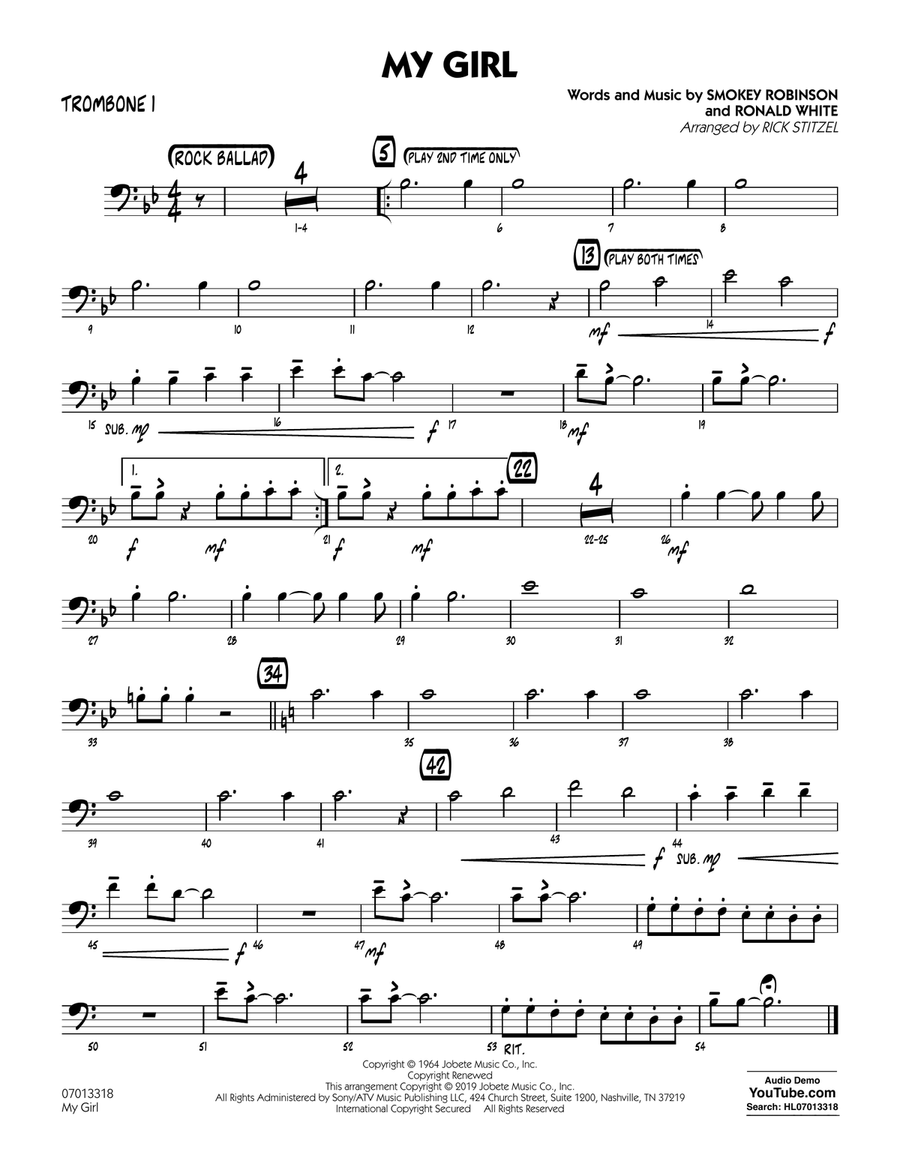 My Girl (arr. Rick Stitzel) - Trombone 1 Jazz Ensemble scores gallery preview page 1