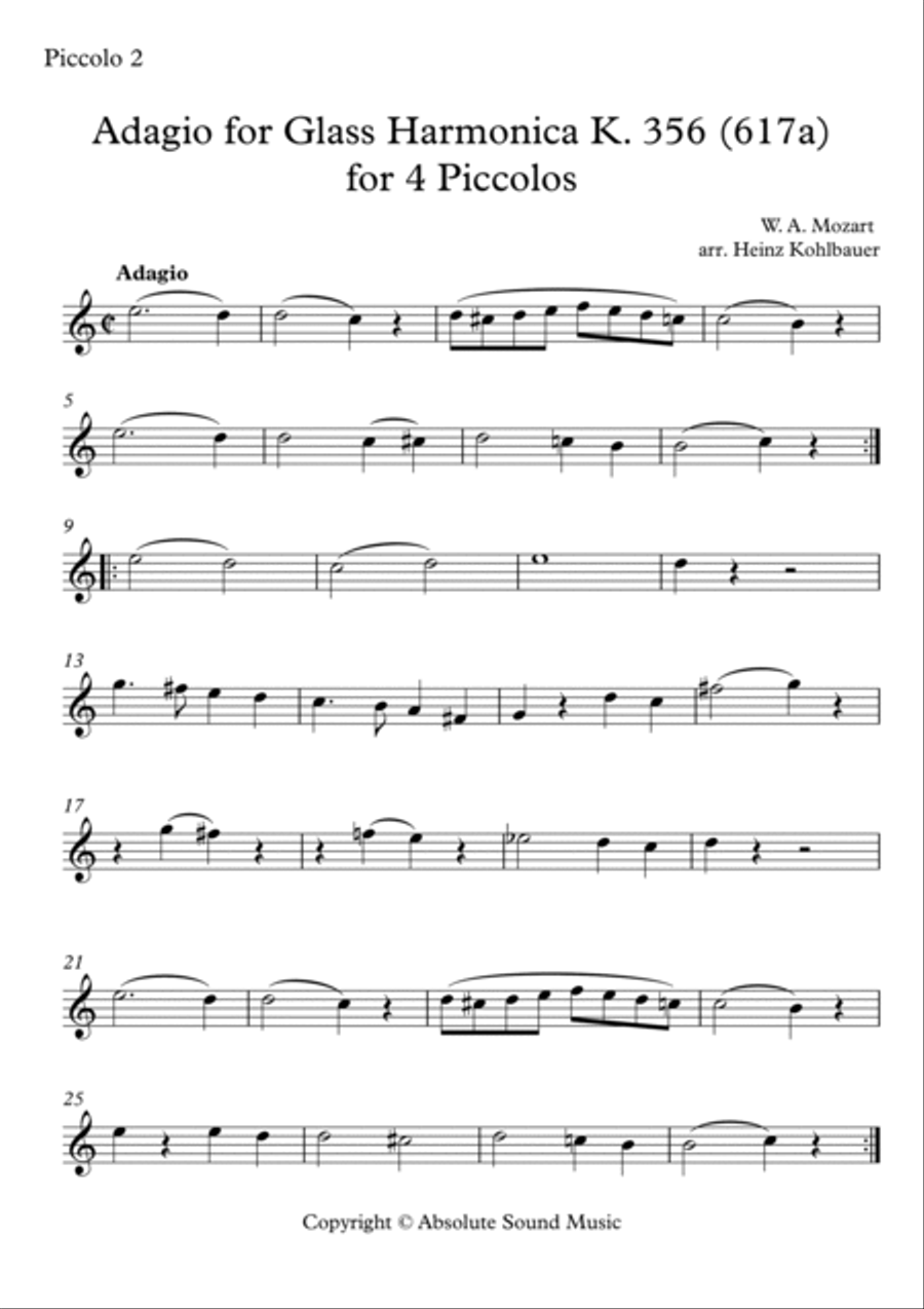 Adagio for Glass Harmonica K. 356 (617) for 4 Piccolos - Adagio für Glasharmonika für 4 Piccoli Woodwind Quartet scores gallery preview page 5