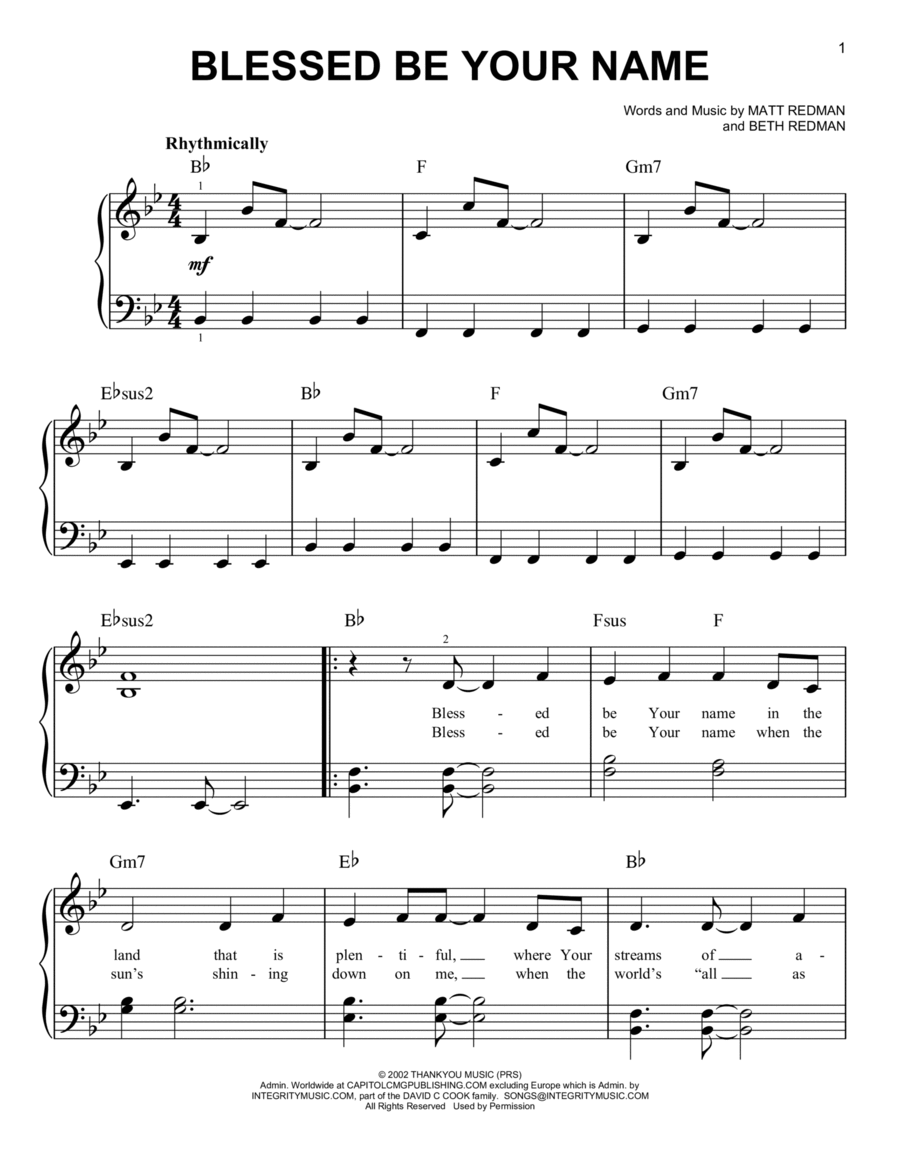 Blessed Be Your Name Easy Piano scores gallery preview page 1